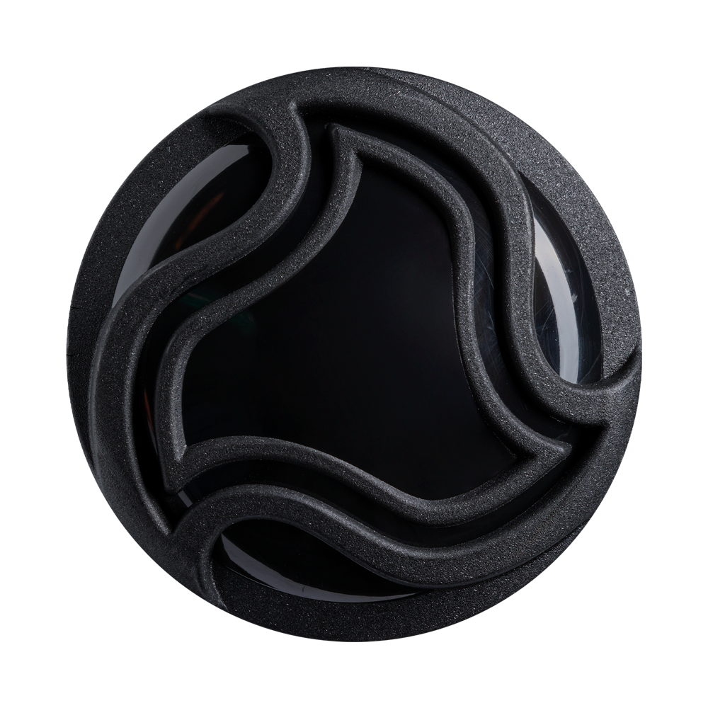 A round black object with a glossy center and a matte, wavy raised design—reminiscent of the sleek finish on the DeMarini 2027 Exile (-8) 2 3/4" USSSA Baseball Bat (WBD2715010)—set against a plain light background.