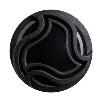 A round black object with a glossy center and a matte, wavy raised design—reminiscent of the sleek finish on the DeMarini 2027 Exile (-8) 2 3/4" USSSA Baseball Bat (WBD2715010)—set against a plain light background.