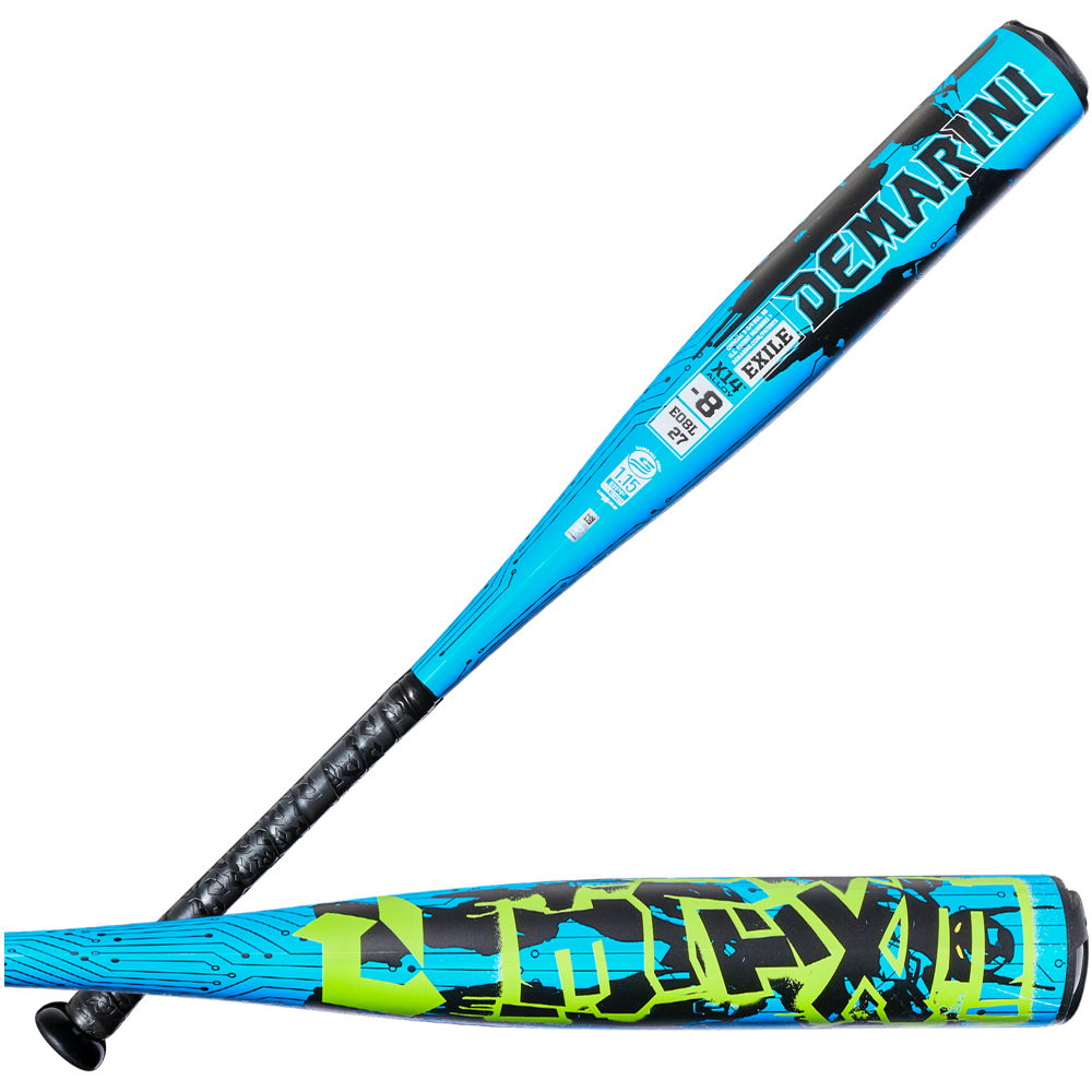 Two blue 2027 DeMarini Exile (-8) 2 3/4" USSSA Baseball Bats (WBD2715010), each with black handles, are shown. One displays the DEMARINI brand and specs; the other features bold yellow and green X14 Alloy design elements.