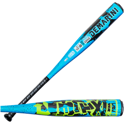 Two blue 2027 DeMarini Exile (-8) 2 3/4" USSSA Baseball Bats (WBD2715010), each with black handles, are shown. One displays the DEMARINI brand and specs; the other features bold yellow and green X14 Alloy design elements.