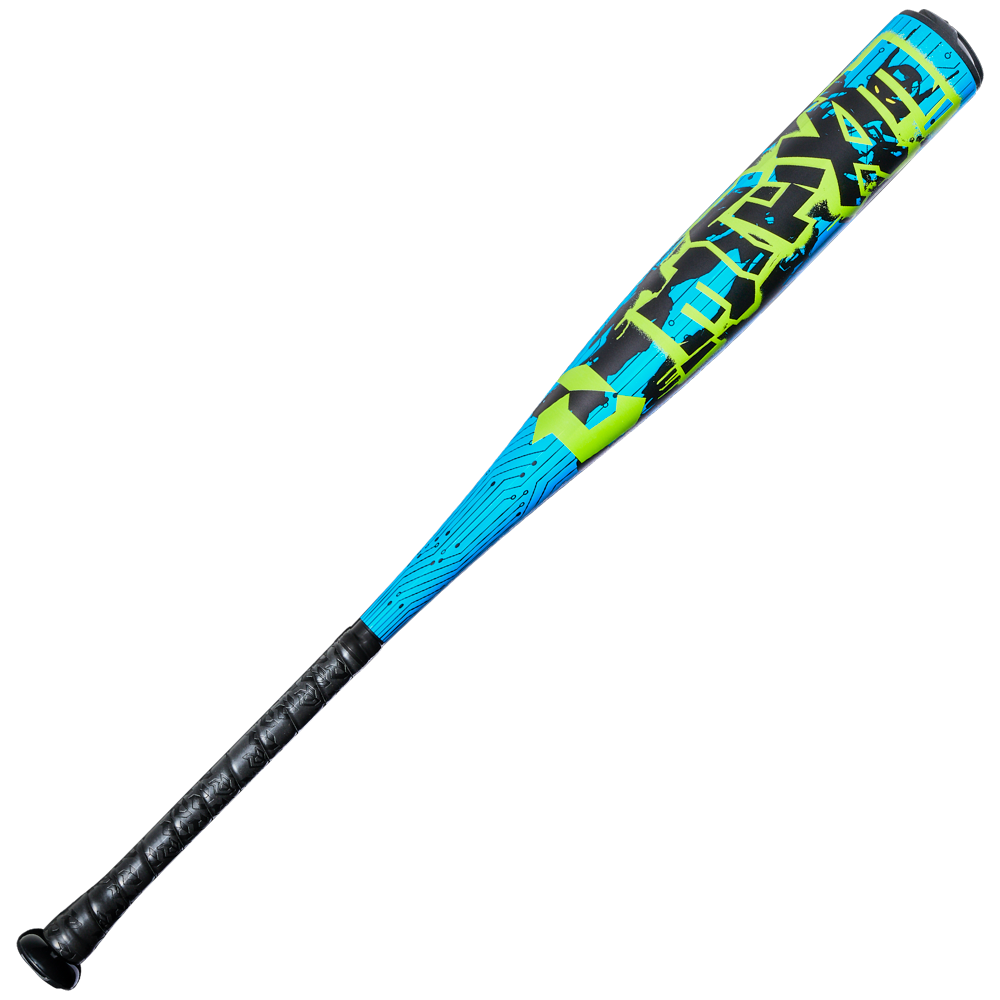 The 2027 DeMarini Exile (-5) 2 3/4" USSSA Baseball Bat (WBD2716010) features a black grip and vibrant blue, green, and black geometric X14 Alloy barrel, shown on a white background.