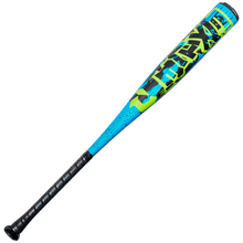 The 2027 DeMarini Exile (-5) 2 3/4" USSSA Baseball Bat (WBD2716010) features a black grip and vibrant blue, green, and black geometric X14 Alloy barrel, shown on a white background.