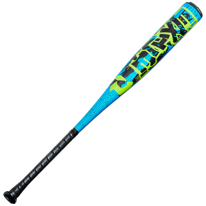 The 2027 DeMarini Exile (-5) 2 3/4" USSSA Baseball Bat (WBD2716010) features a black grip and vibrant blue, green, and black geometric X14 Alloy barrel, shown on a white background.