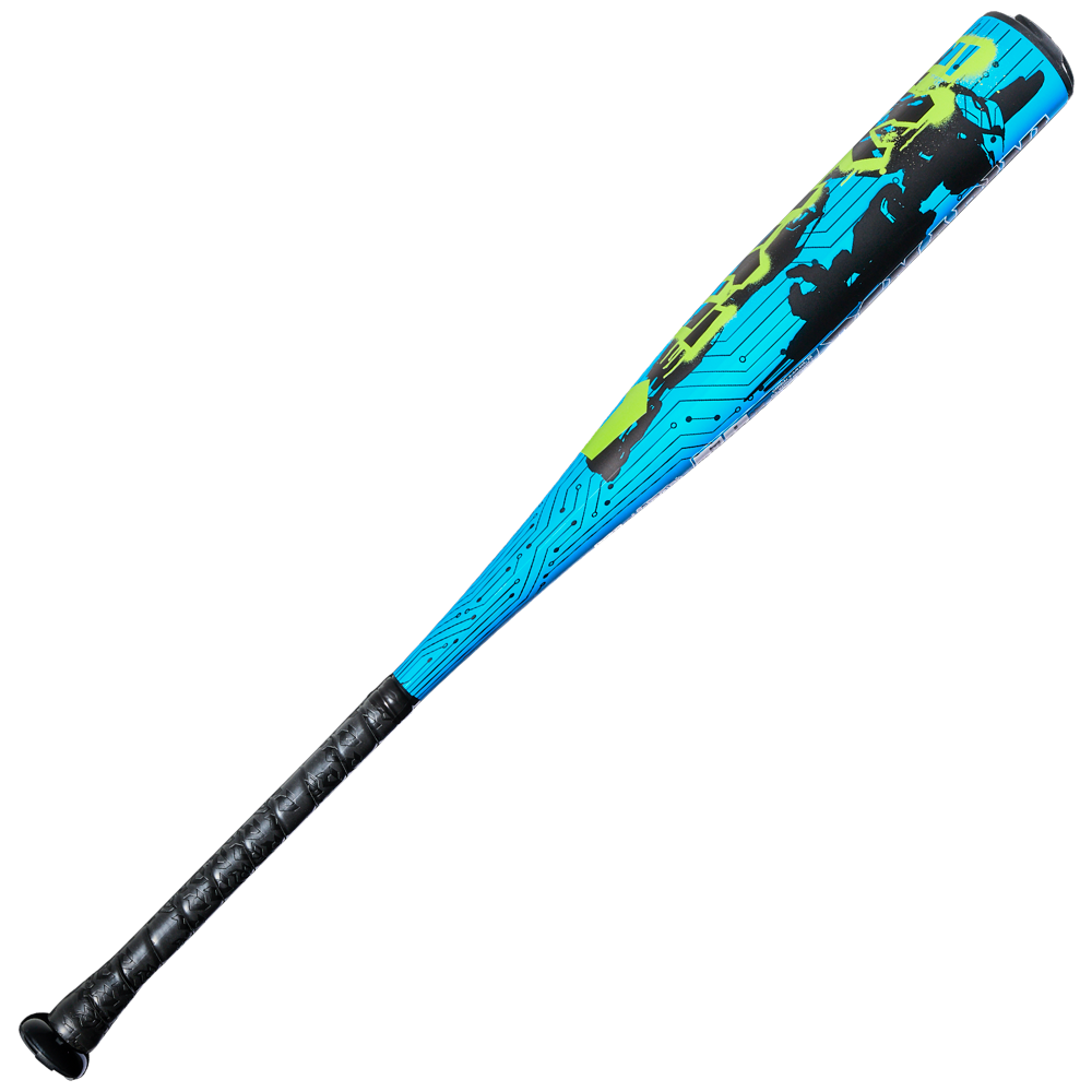 The 2027 DeMarini Exile (-5) USSSA Baseball Bat (WBD2716010) features a black grip, blue barrel with green and black geometric designs, circuitry patterns, and a durable one-piece X14 alloy construction.