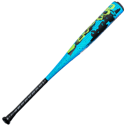 The 2027 DeMarini Exile (-5) USSSA Baseball Bat (WBD2716010) features a black grip, blue barrel with green and black geometric designs, circuitry patterns, and a durable one-piece X14 alloy construction.