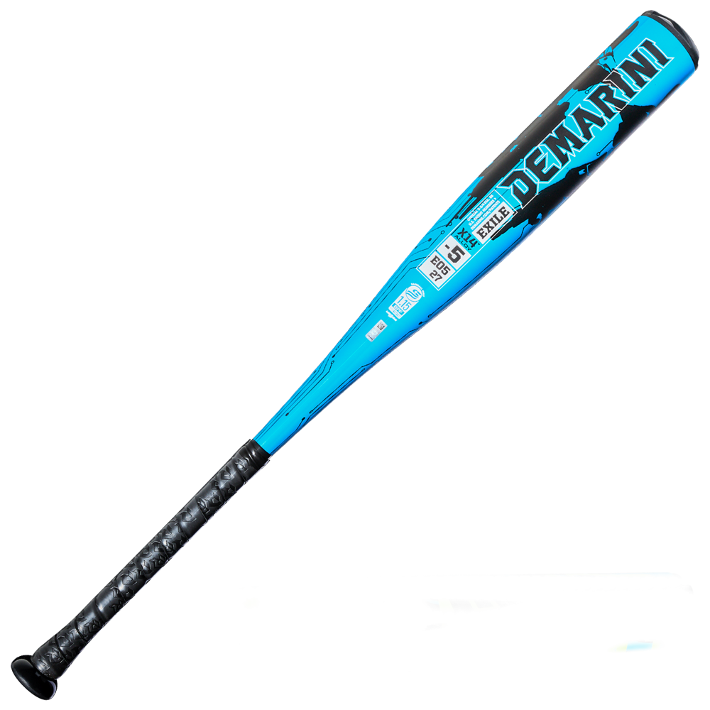 The 2027 DeMarini Exile (-5) USSSA Baseball Bat (WBD2716010) features a blue and black design, 2 3/4" barrel, X14 Alloy construction, black handle grip, and bold "DeMarini" lettering near the barrel.