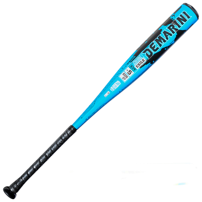 The 2027 DeMarini Exile (-5) USSSA Baseball Bat (WBD2716010) features a blue and black design, 2 3/4" barrel, X14 Alloy construction, black handle grip, and bold "DeMarini" lettering near the barrel.