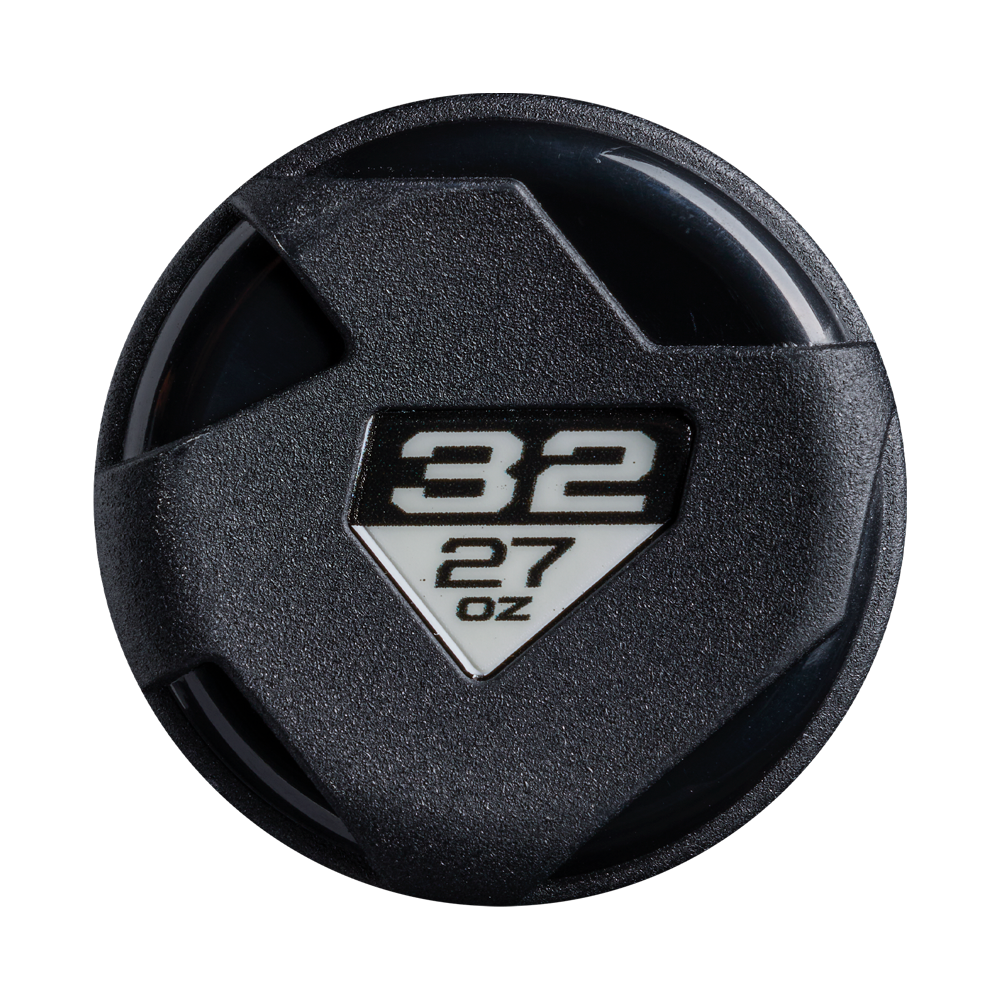 A black, round DeMarini 2027 Exile (-5) USSSA Baseball Bat (WBD2716010) features a textured surface with a white triangle center displaying "32" in bold and "27 oz," showcasing premium one-piece construction.