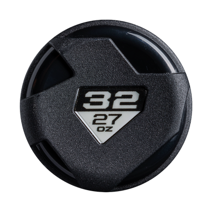 A black, round DeMarini 2027 Exile (-5) USSSA Baseball Bat (WBD2716010) features a textured surface with a white triangle center displaying "32" in bold and "27 oz," showcasing premium one-piece construction.