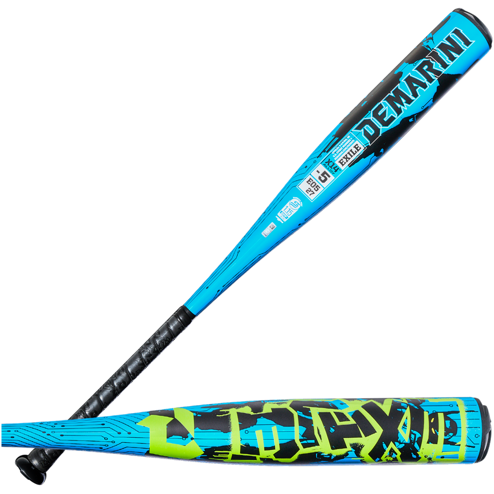 Two DeMarini Exile (-5) USSSA baseball bats by DeMarini, featuring blue and black design with neon yellow accents and bold graphics, are shown on a white background. They have durable one-piece X14 alloy construction for top performance.