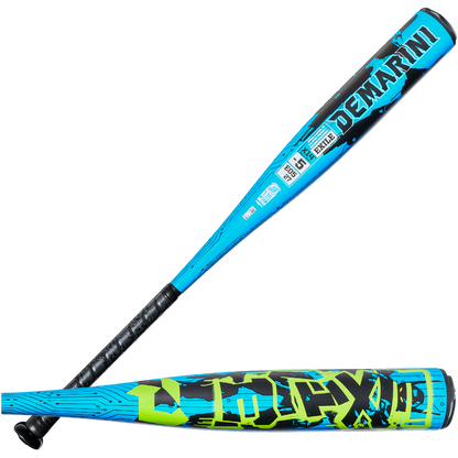 Two DeMarini Exile (-5) USSSA baseball bats by DeMarini, featuring blue and black design with neon yellow accents and bold graphics, are shown on a white background. They have durable one-piece X14 alloy construction for top performance.