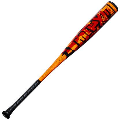 Introducing the 2027 DeMarini Exile (-11) 2 5/8″ USA Baseball Bat (WBD2719010) by DeMarini, featuring an orange and black color scheme with striking red graffiti-style lettering, a sleek black handle, and a textured grip. This bat boasts a bold, eye-catching design and is crafted with durable one-piece alloy construction.