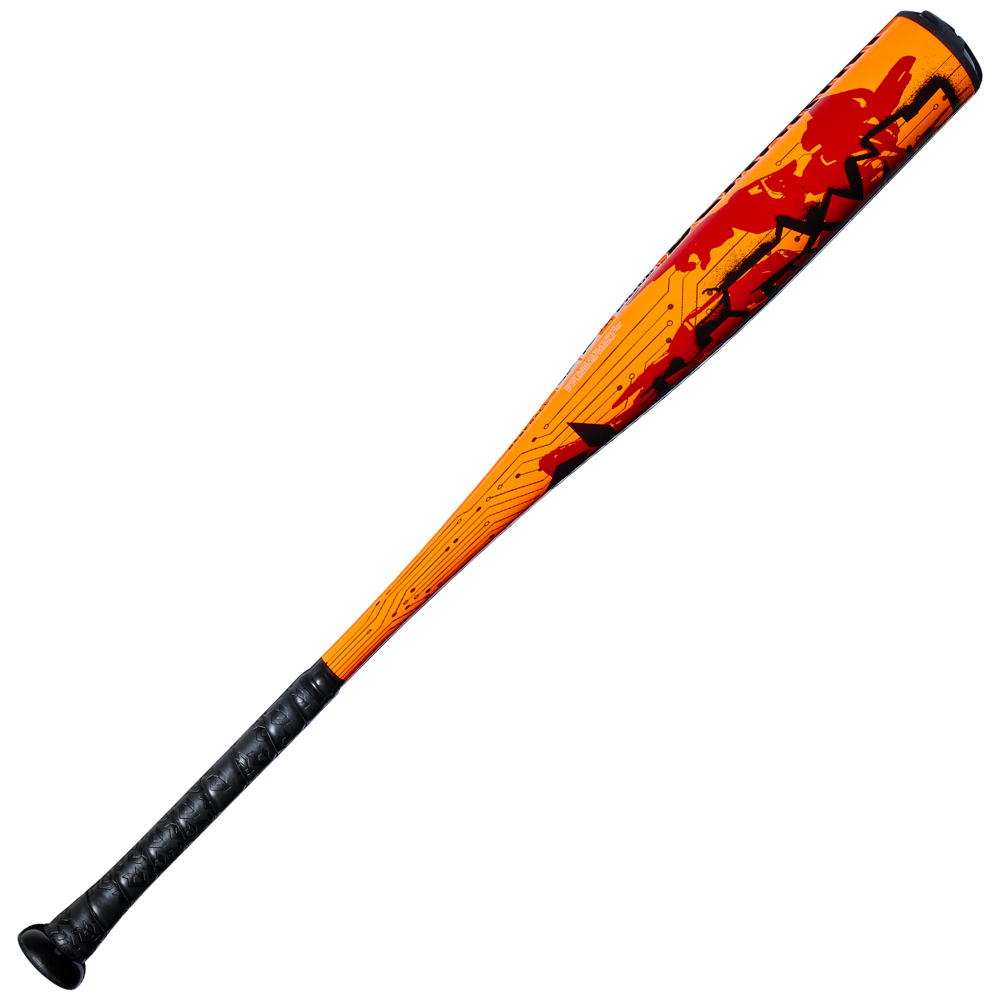 The 2027 DeMarini Exile (-11) 2 5/8″ USA Baseball Bat: WBD2719010 by DeMarini showcases an orange and black color scheme with striking red and black abstract graphics, a textured black grip handle, and is built from a durable one-piece alloy construction for enhanced performance.