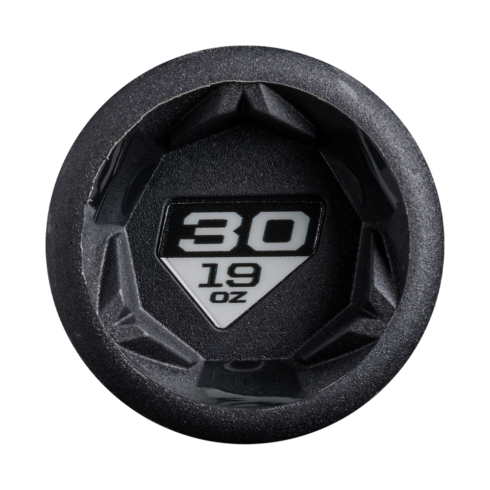 Black hexagonal end cap featuring a white label with “30” above “19 OZ” in bold text, seen from above against a white background—mirroring the distinctive end cap design of the 2027 DeMarini Exile (-11) 2 5/8″ USA Baseball Bat: WBD2719010 from DeMarini and its advanced one-piece alloy construction.