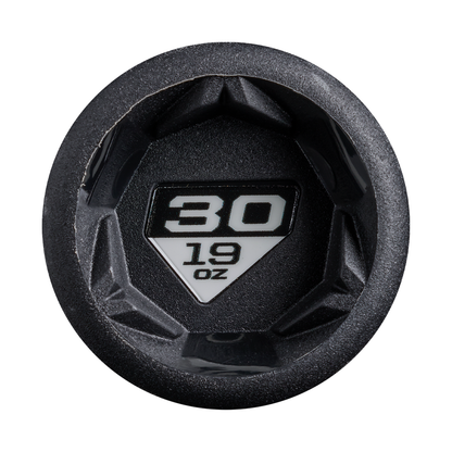 Black hexagonal end cap featuring a white label with “30” above “19 OZ” in bold text, seen from above against a white background—mirroring the distinctive end cap design of the 2027 DeMarini Exile (-11) 2 5/8″ USA Baseball Bat: WBD2719010 from DeMarini and its advanced one-piece alloy construction.