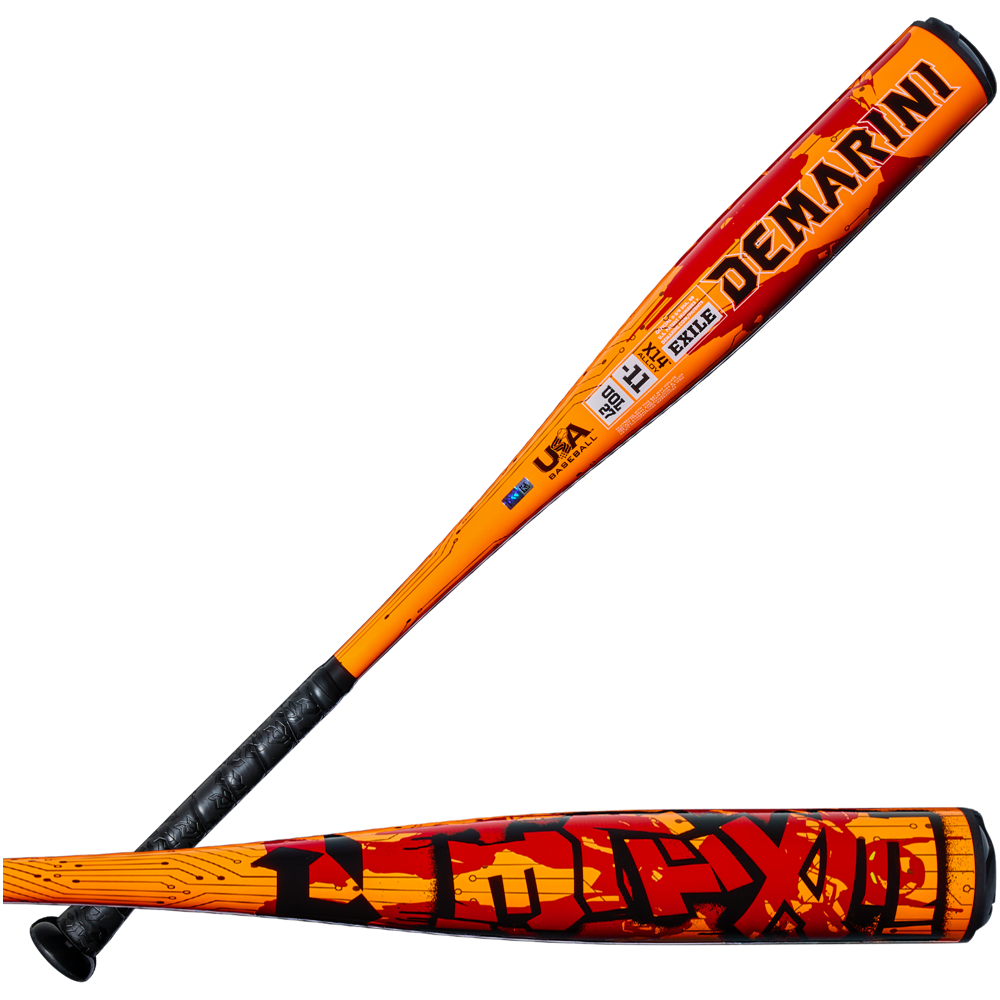 Two orange 2027 DeMarini Exile (-11) 2 5/8″ USA Baseball Bats (WBD2719010) with black grips and striking graffiti-style black and red text are displayed—one bat standing upright while the other rests horizontally. Engineered with a one-piece X14 alloy barrel, these DeMarini bats deliver outstanding durability and powerful performance on the field.