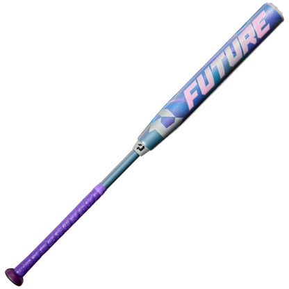 The 2027 DeMarini Future (-11) Fastpitch Softball Bat (WBD2726010) features a purple handle, silver midsection, blue barrel with FUTURE in pink/white letters, and is crafted from Dark Matter Composite for lightweight performance.