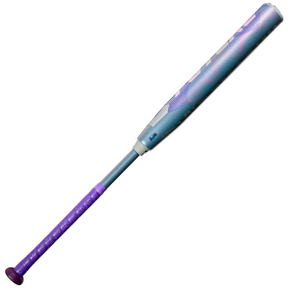 The 2027 DeMarini Future (-11) Fastpitch Softball Bat (WBD2726010) features a metallic teal and white barrel with wave-like patterns, a purple textured handle, and advanced Dark Matter Composite for top performance.