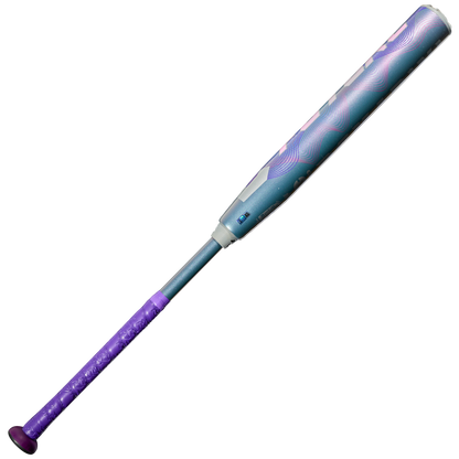 The 2027 DeMarini Future (-11) Fastpitch Softball Bat (WBD2726010) features a metallic teal and white barrel with wave-like patterns, a purple textured handle, and advanced Dark Matter Composite for top performance.