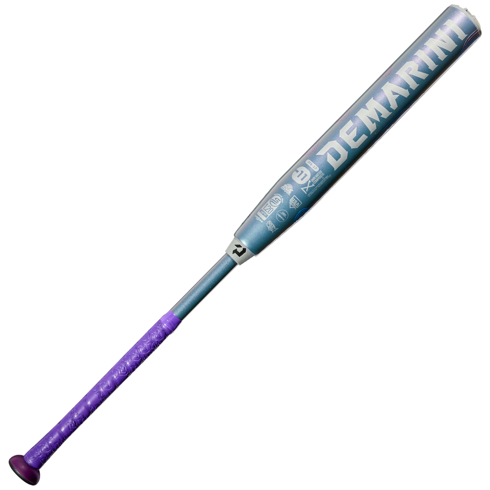 The 2027 DeMarini Future (-11) Fastpitch Softball Bat: WBD2726010 features a metallic blue barrel with large white branding, a purple grip handle, and Dark Matter Composite for enhanced performance, shown on a plain white background.