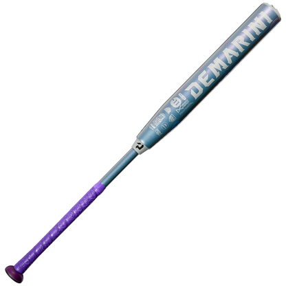 The 2027 DeMarini Future (-11) Fastpitch Softball Bat: WBD2726010 features a metallic blue barrel with large white branding, a purple grip handle, and Dark Matter Composite for enhanced performance, shown on a plain white background.