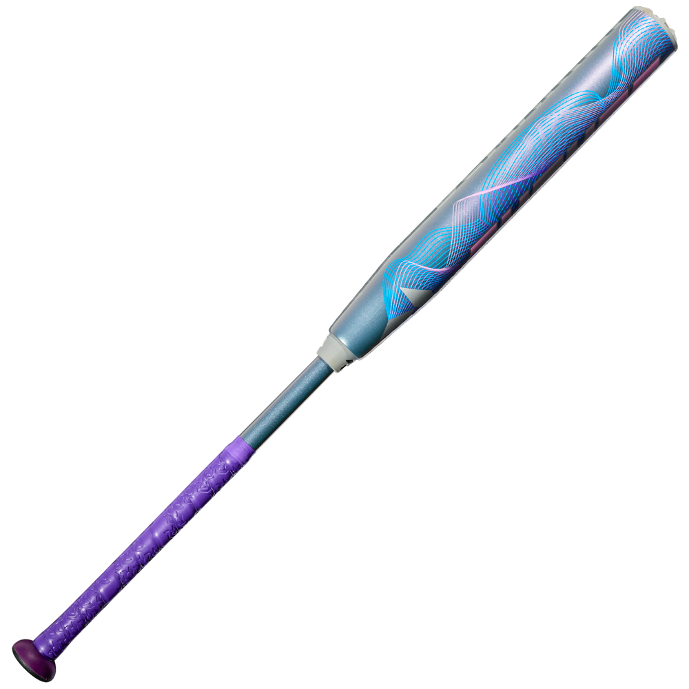 The 2027 DeMarini Future (-11) Fastpitch Softball Bat (WBD2726010) features a metallic silver and blue design with a purple grip and abstract blue/pink waves on the Dark Matter Composite barrel, shown against a white background.