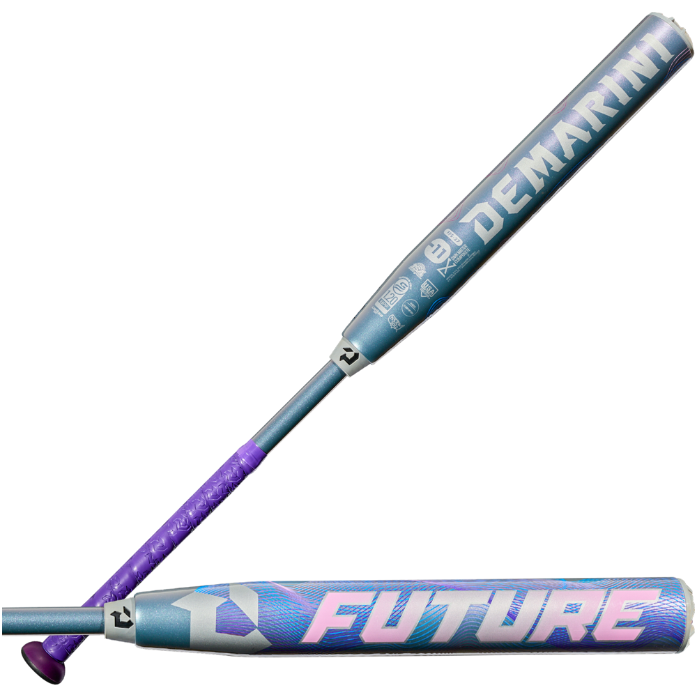 Two blue and purple 2027 DeMarini Future (-11) Fastpitch Softball Bats (WBD2726010) are shown. One displays "DeMARINI," the other "FUTURE" in bold letters. Both feature modern graphics and Dark Matter Composite technology.
