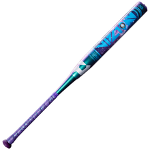The 2027 DeMarini Vizion (-10) Fastpitch Softball Bat (WBD2728010) features a vibrant purple, teal, and blue geometric design with “NIZHONI” on its composite barrel—ideal for players who want standout DeMarini style.