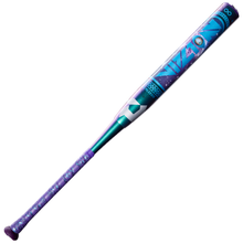 The 2027 DeMarini Vizion (-9) Fastpitch Softball Bat (WBD2729010) boasts a colorful one-piece composite design with a purple grip, teal and turquoise barrel, and vibrant geometric graphics, plus DeMarini branding printed boldly on the barrel.