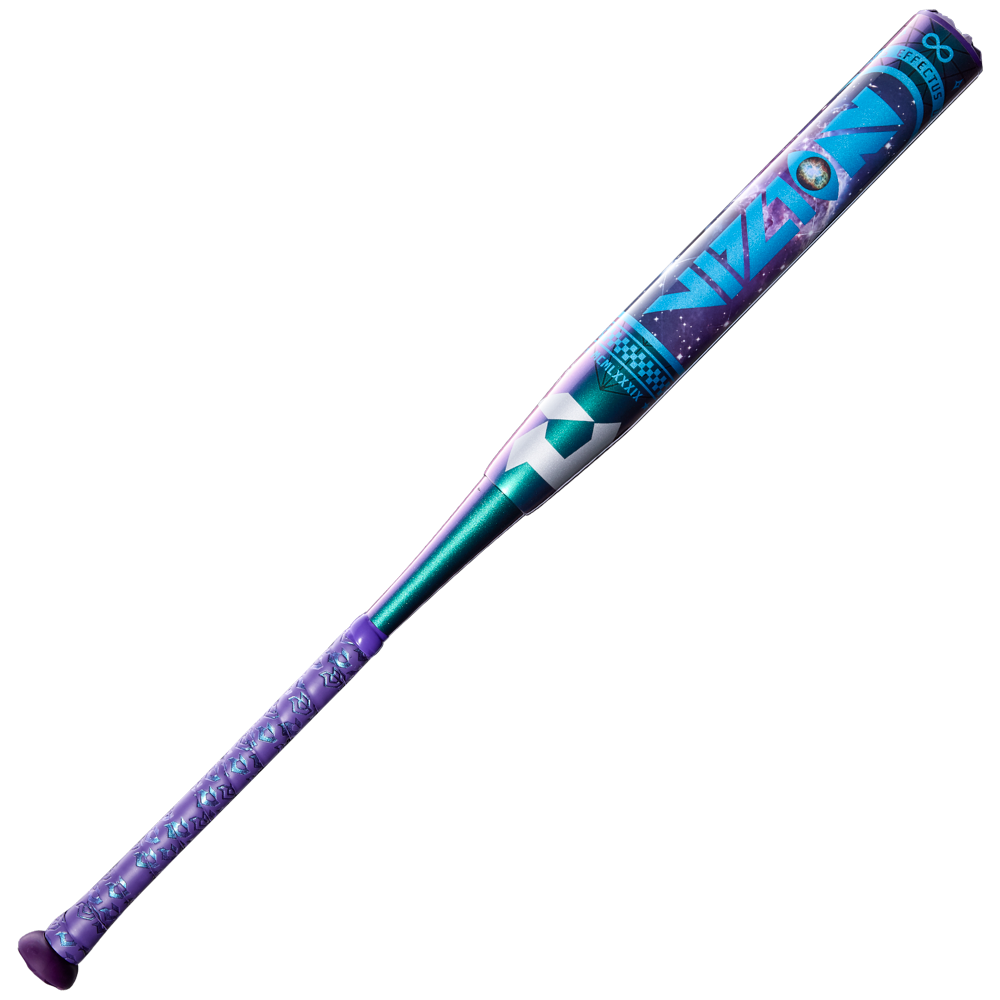 The 2027 DeMarini Vizion (-8) Fastpitch Softball Bat (WBD2730010) features a vibrant cosmic design with teal, purple, and blue hues, geometric patterns, and star-like accents on the barrel and handle.