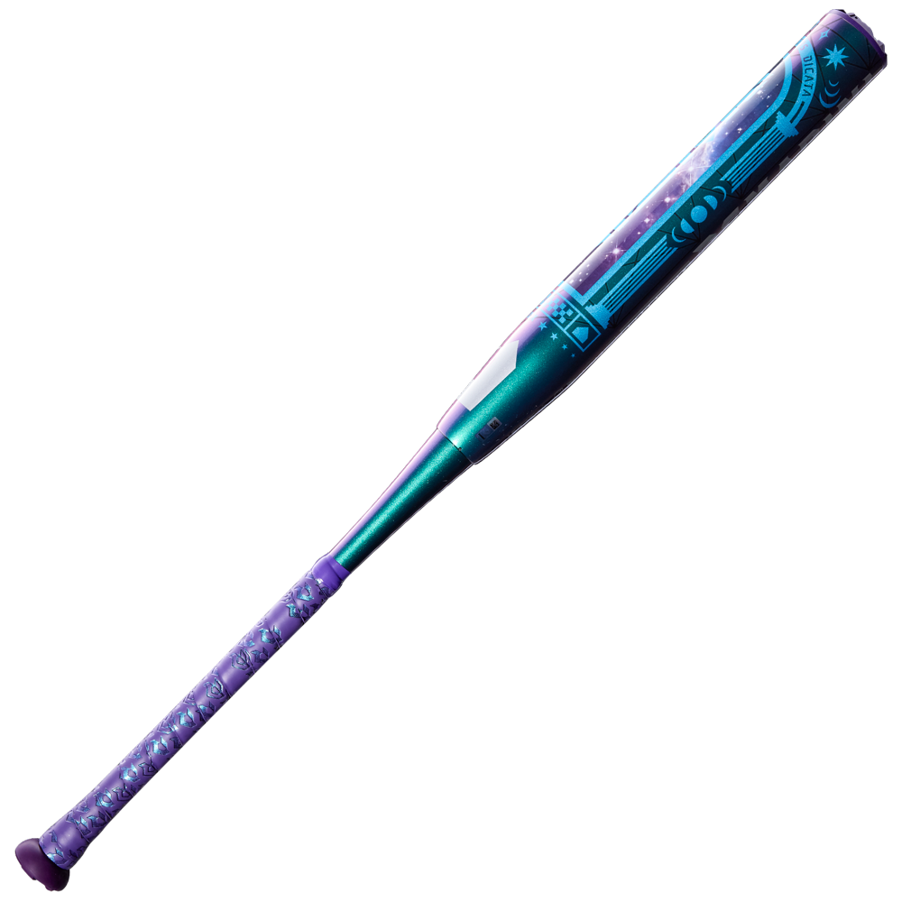 The DeMarini 2027 Vizion (-8) Fastpitch Softball Bat (WBD2730010) features a metallic, futuristic design with blue and teal digital patterns and a purple grip with white accents.