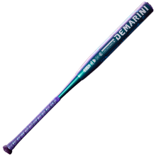 The 2027 DeMarini Vizion (-8) Fastpitch Softball Bat (WBD2730010) features a metallic purple and teal gradient design, bold “DeMarini” barrel branding, and a purple patterned grip on the handle.