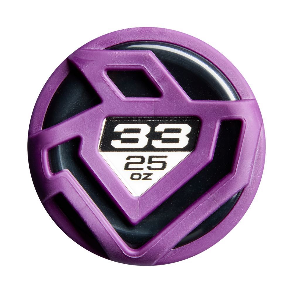 A black, round object with a purple geometric frame and a white label showing 33 above 25 oz in black, set against a white background—evoking the composite design of the 2027 DeMarini Vizion (-8) Fastpitch Softball Bat: WBD2730010 by DeMarini.