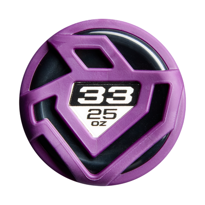 A black, round object with a purple geometric frame and a white label showing 33 above 25 oz in black, set against a white background—evoking the composite design of the 2027 DeMarini Vizion (-8) Fastpitch Softball Bat: WBD2730010 by DeMarini.