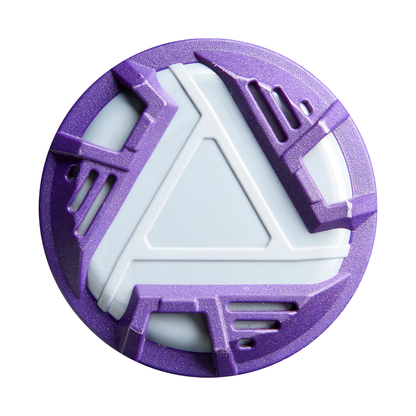 A round object with a white center, raised triangular design, and a purple textured rim with geometric cutouts—mirroring the composite construction of the 2027 DeMarini Vizion (-8) Fastpitch Softball Bat (WBD2730010) by DeMarini. The background is plain white.