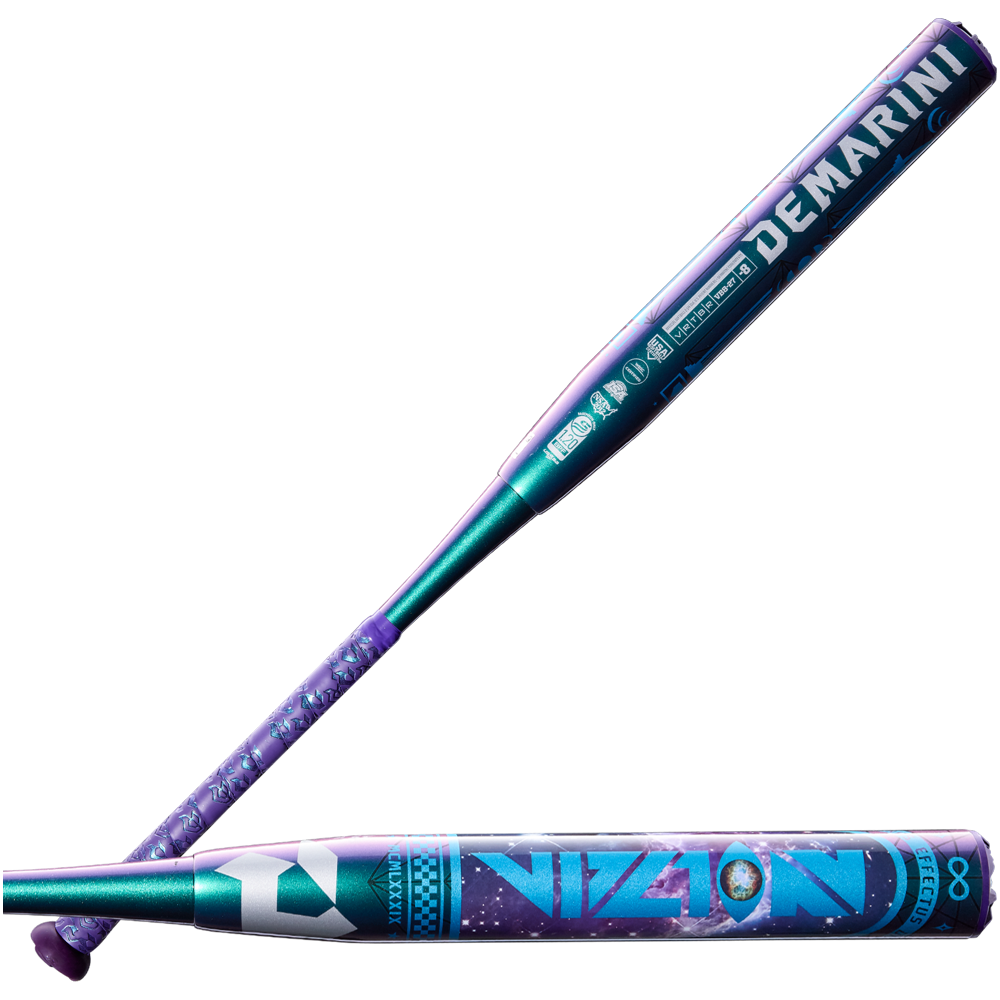 Two teal and purple 2027 DeMarini Vizion (-8) fastpitch softball bats, model WBD2730010, feature geometric patterns with DeMarini branding. One composite bat is shown diagonally, the other placed horizontally beneath it.