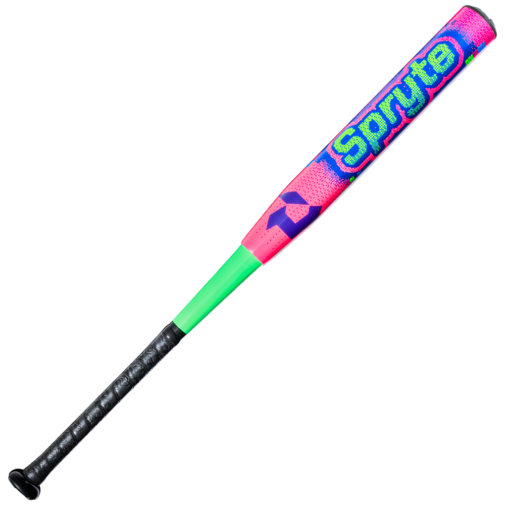 The 2027 DeMarini Spryte (-12) Fastpitch Softball Bat (WBD2731010) features a vibrant pink barrel, blue and green "Spryte" graphics, a black handle, green grip, and high-performance two-piece composite construction.