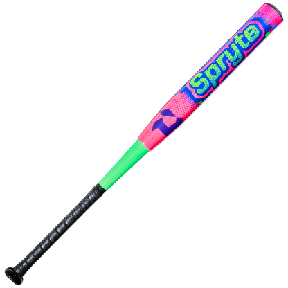 The 2027 DeMarini Spryte (-12) Fastpitch Softball Bat (WBD2731010) features a vibrant pink barrel, blue and green "Spryte" graphics, a black handle, green grip, and high-performance two-piece composite construction.
