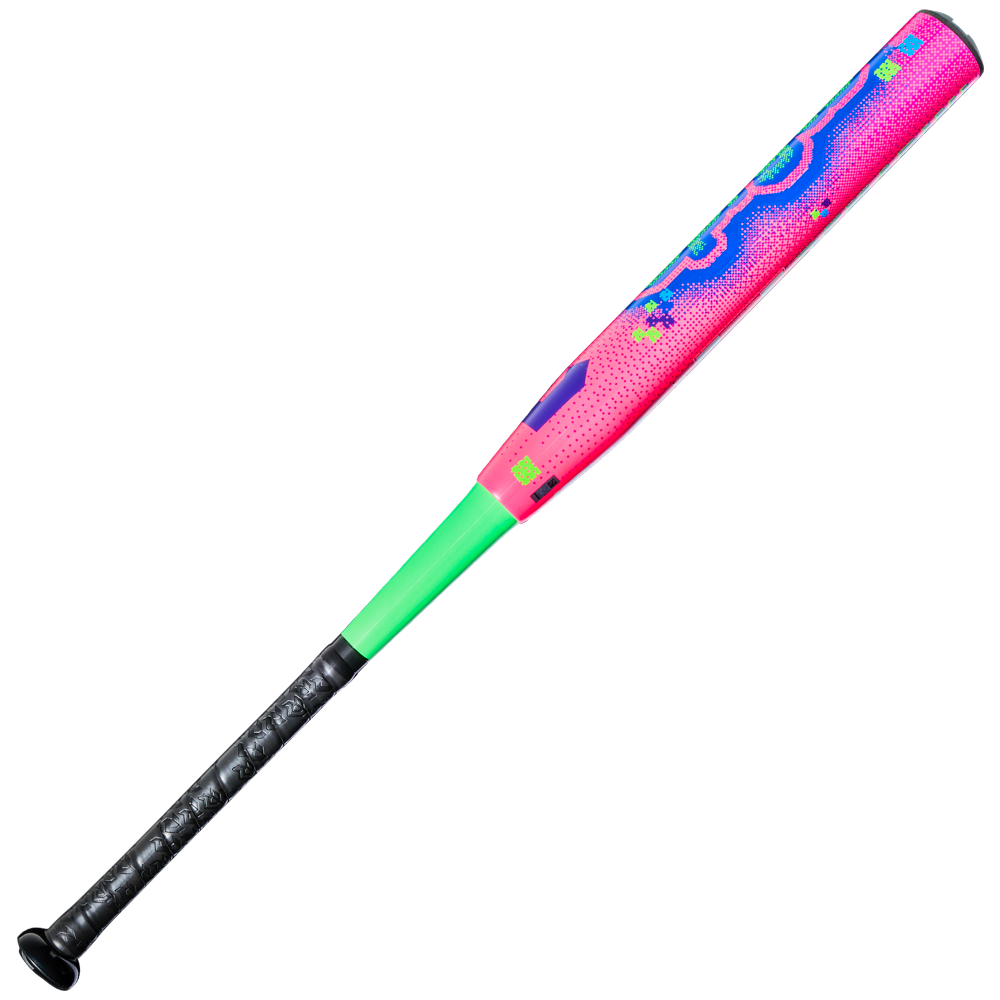 The 2027 DeMarini Spryte (-12) Fastpitch Softball Bat (WBD2731010) boasts a black grip, bright green midsection, pink barrel with blue and yellow designs, and a two-piece composite build, all set against a white background.