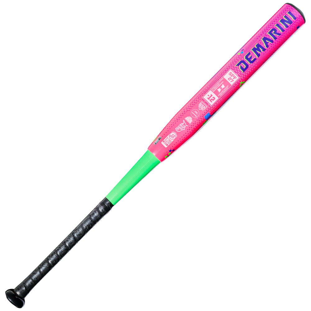 The 2027 DeMarini Spryte (-12) Fastpitch Softball Bat (WBD2731010) features a black grip, neon green handle, and pink barrel with logos, plus a two-piece composite design for top performance.