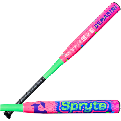 Two vibrant fastpitch bats, both DeMarini, feature mainly pink with green and blue accents. One is marked "Spryte." Both are two-piece composite bats with black handles—the 2027 DeMarini Spryte (-12) WBD2731010 included.