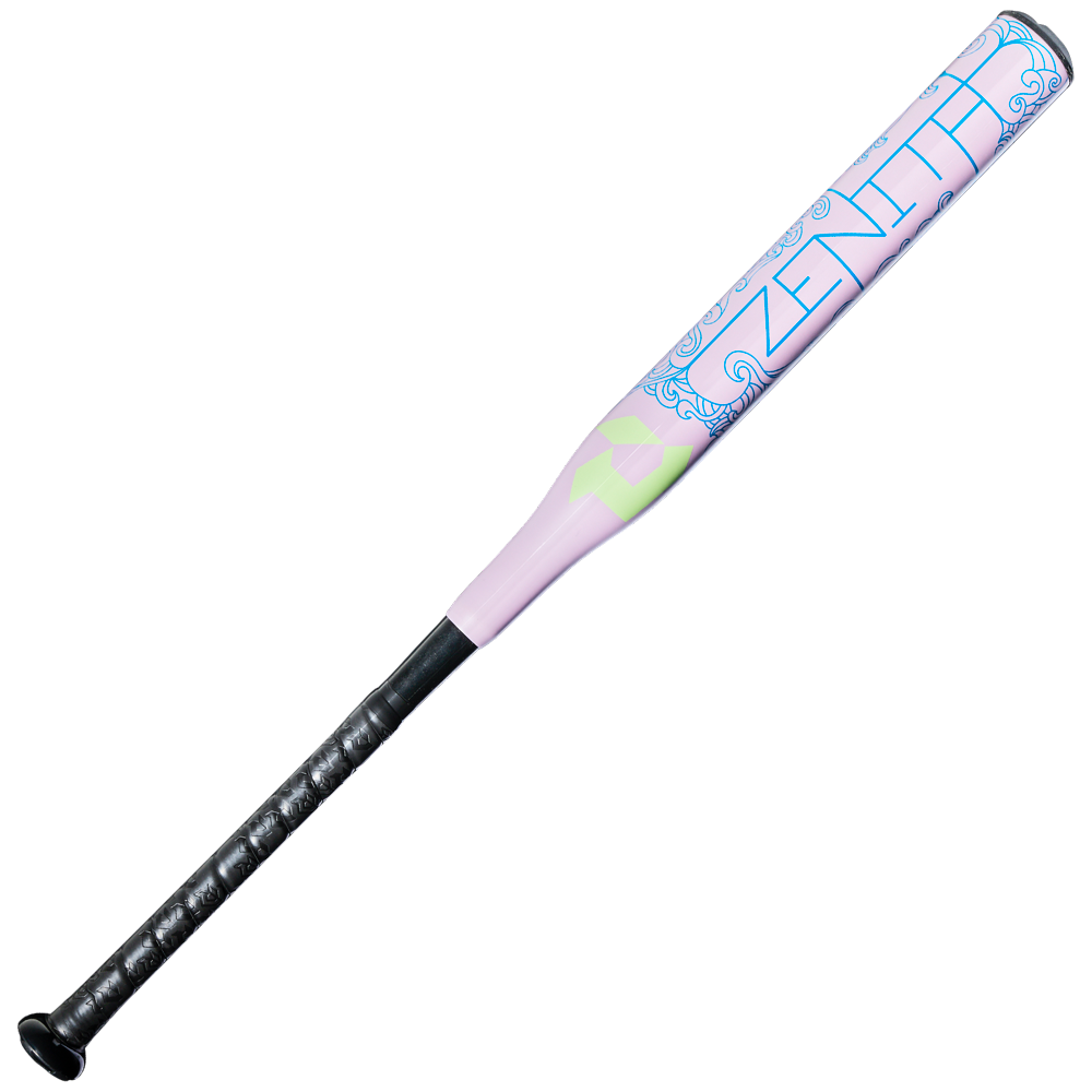 The 2027 DeMarini Zenith (-13) Fastpitch Softball Bat (WBD2732010) features a black handle, pastel pink and purple barrel with blue designs and ZENITH lettering—ideal for stylish fastpitch softball players seeking top performance.
