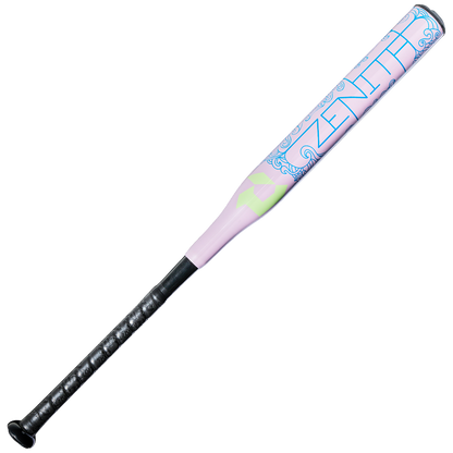 The 2027 DeMarini Zenith (-13) Fastpitch Softball Bat (WBD2732010) features a black handle, pastel pink and purple barrel with blue designs and ZENITH lettering—ideal for stylish fastpitch softball players seeking top performance.