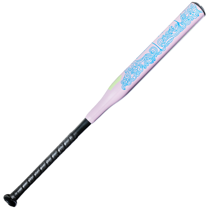 The 2027 DeMarini Zenith (-13) Fastpitch Softball Bat (WBD2732010) features a black handle, light pink barrel, and blue pattern on the upper barrel, displayed against a white background.