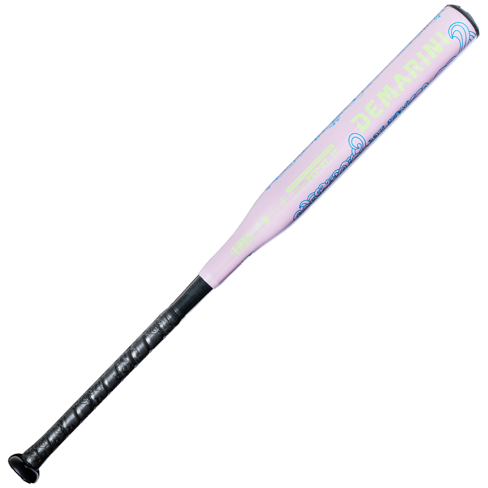 The 2027 DeMarini Zenith (-13) Fastpitch Softball Bat (WBD2732010) features light purple with neon yellow and blue graphics, a black grip handle, and is displayed on a white background.