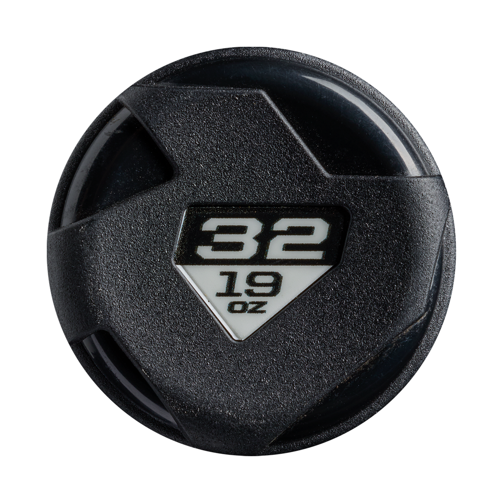 A round black object with a white triangular label showing 32 and 19 OZ, featuring a textured, angular design like the barrel of the DeMarini Zenith (-13) Fastpitch Softball Bat (WBD2732010) by DeMarini.