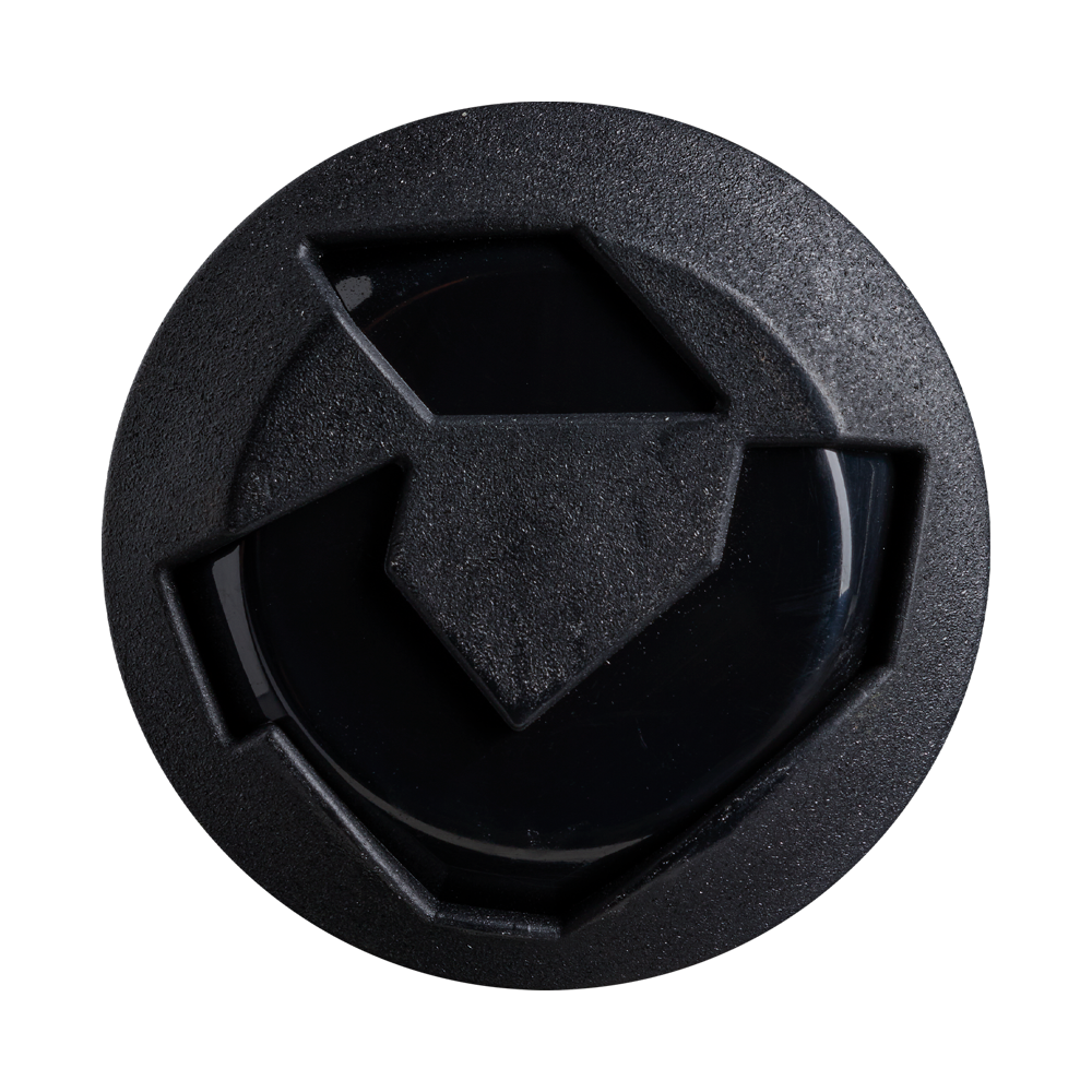 A black circular object with three geometric cutouts, resembling a part from the DeMarini Zenith (-13) Fastpitch Softball Bat: WBD2732010 by DeMarini, is set against a plain white background.