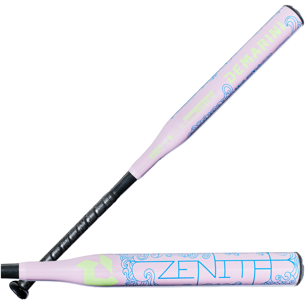 A 2027 DeMarini Zenith (-13) Fastpitch Softball Bat (WBD2732010) in light purple with blue and yellow designs, featuring DeMarini and Zenith branding, shown side view with handle overlapping the barrel.