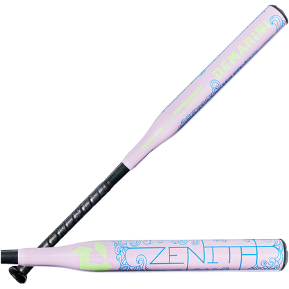 A 2027 DeMarini Zenith (-13) Fastpitch Softball Bat (WBD2732010) in light purple with blue and yellow designs, featuring DeMarini and Zenith branding, shown side view with handle overlapping the barrel.