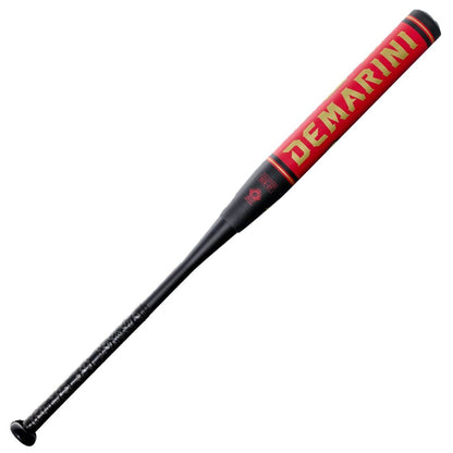 The 2027 DeMarini Caligold 13" Midload SSUSA Senior Slowpitch Softball Bat (WBD2738010) features a black and red design, large yellow DEMARINI lettering on the barrel, and a dark handle and knob.